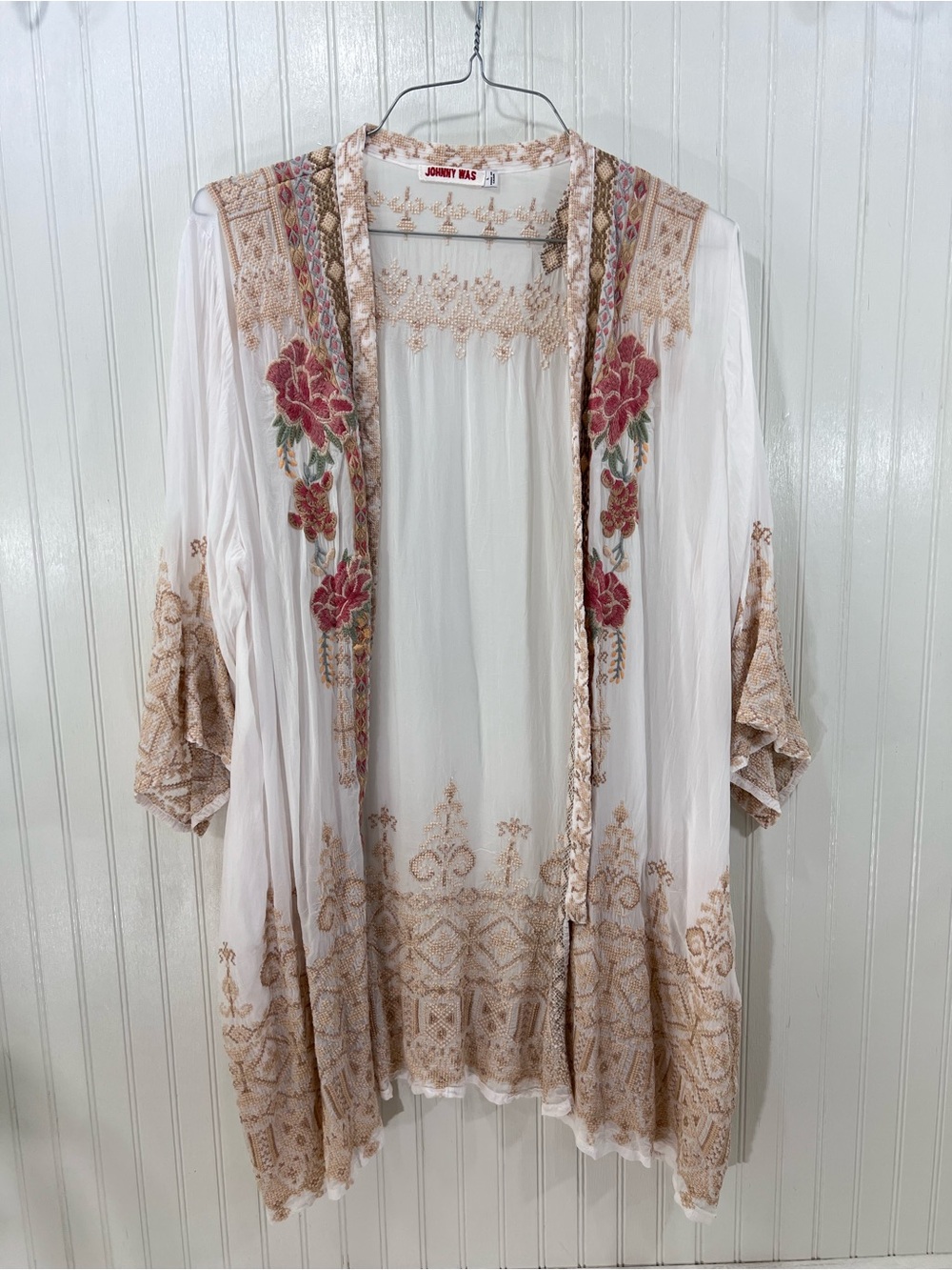 Johnny Was Helena Kimono Boho White with Pink & Tan Embroidery Open Front L
